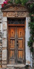 Antique Wooden Doorway: Elaborate Greek Island Detail in Hydra Town, Attica, Europe