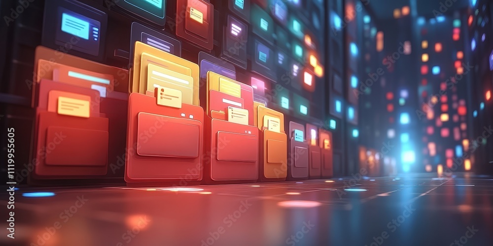 Poster abstract futuristic network grid with colorful files and folders in a digital environment representi