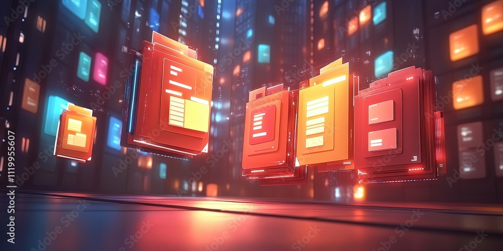 Poster futuristic abstract digital network with grid of files and folders illuminated in a vibrant cityscap