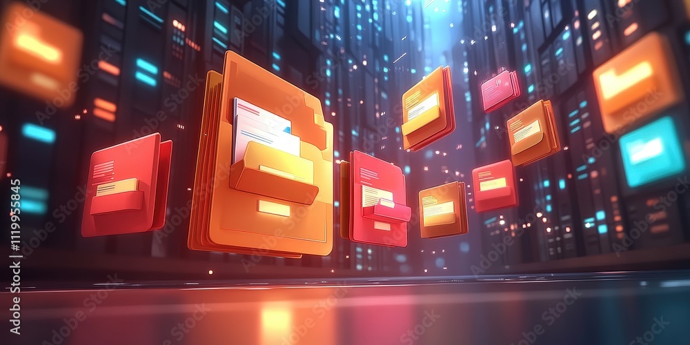 Poster futuristic abstract network grid with floating files and colorful folders in a digital environment r