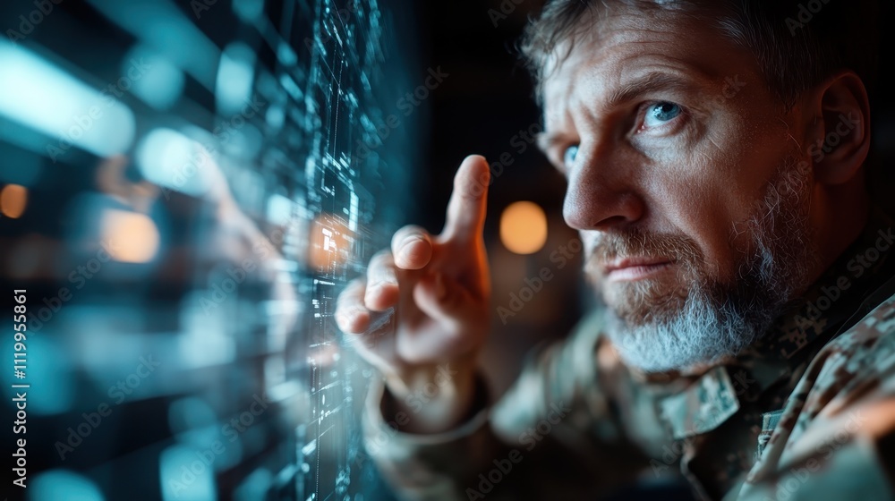 Poster a man in camouflage uniform interacts with a futuristic display, symbolizing modern technology's imp