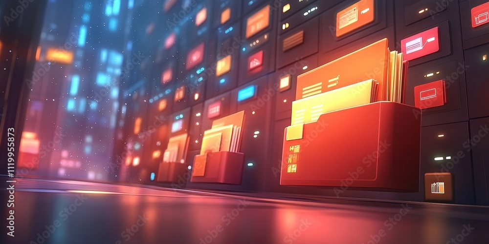Poster futuristic abstract network grid with colorful files and folders in a digital environment, concept o