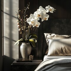 Art Deco Bedroom Interior with Vase of Orchids on Bedside Table and Beige Bedding