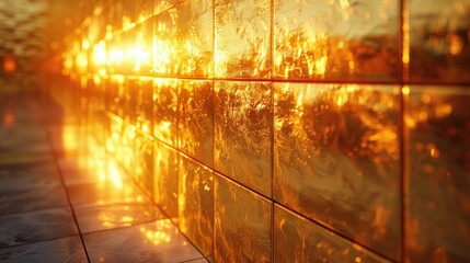 Naklejka premium Golden tiles reflecting sunlight, creating a warm, radiant ambiance.