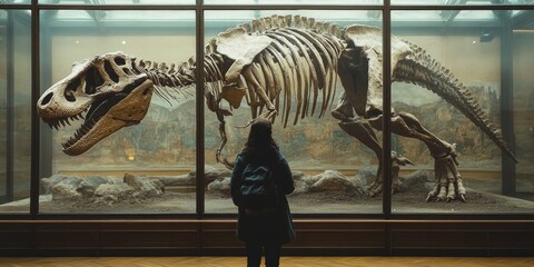 Young female observing t. rex skeleton at museum exhibit