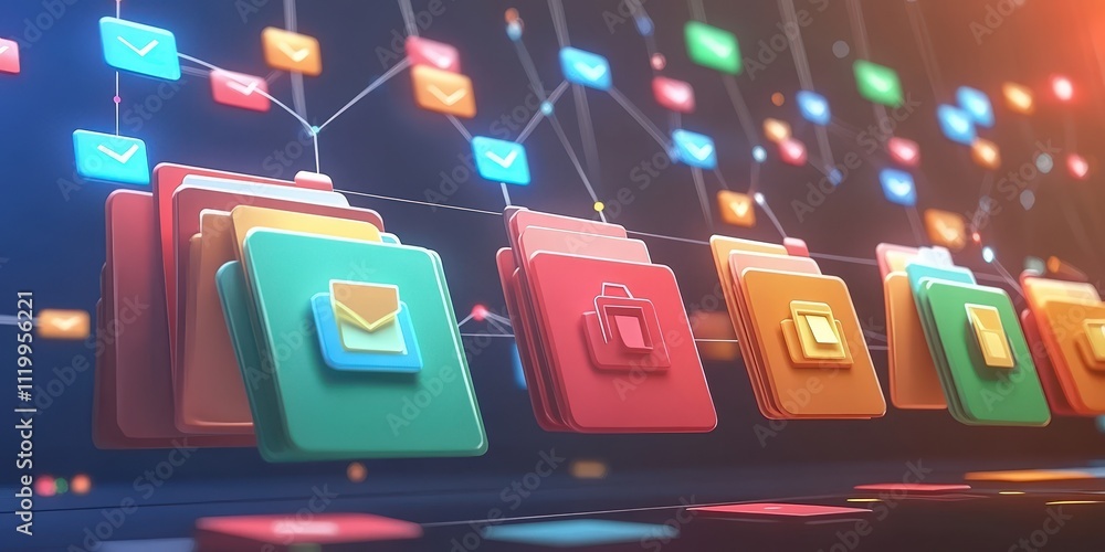 Poster futuristic abstract network grid with colorful files and folders representing data organization and 
