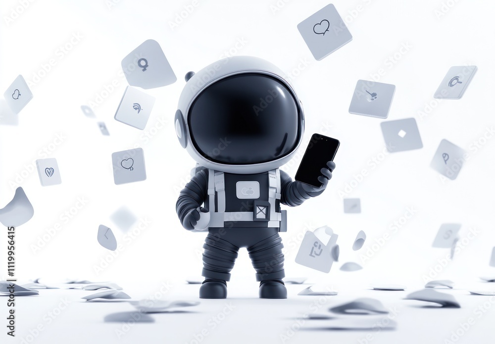 Poster a cartoon astronaut holds a smartphone amidst floating app icons in a minimalist setting.