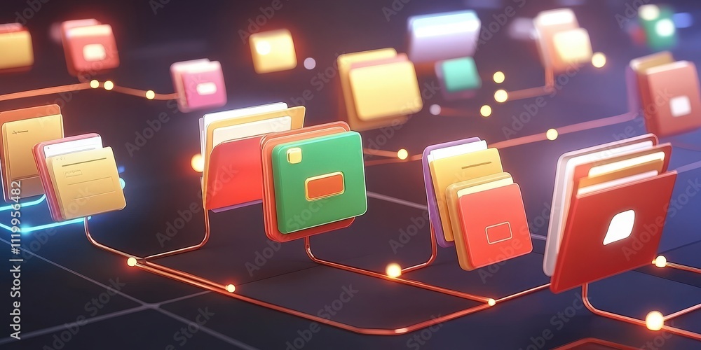 Poster futuristic abstract representation of a network grid featuring colorful files and folders connected 