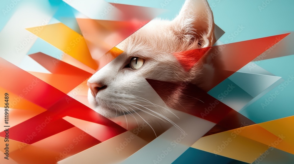Poster a striking image of a cat's profile surrounded by a vibrant abstract geometric background, integrati