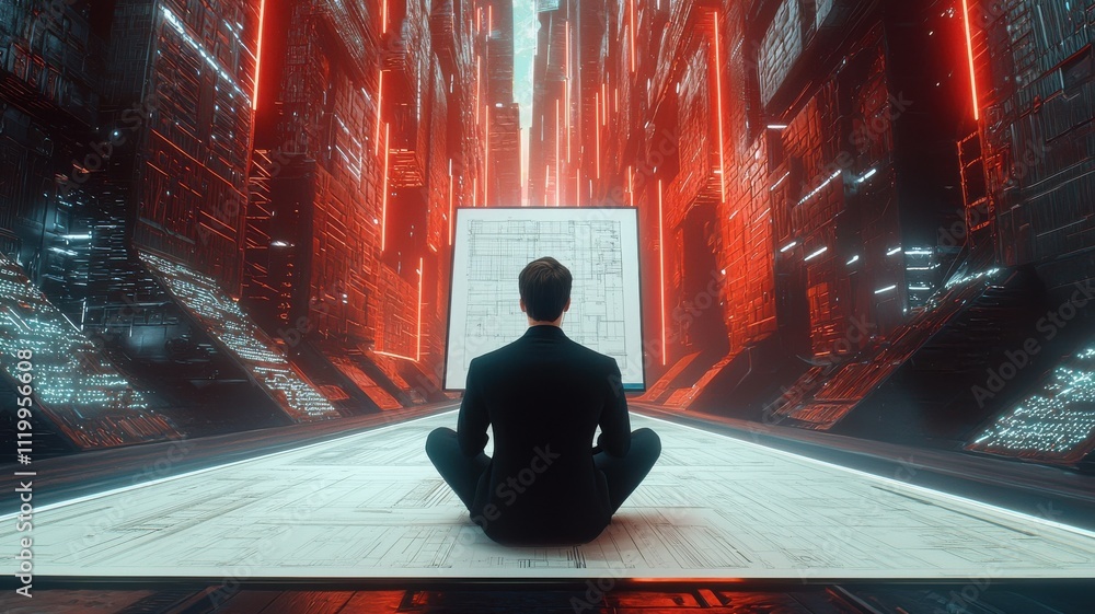 Poster a figure sits in a futuristic, glowing environment, facing a large display amid a maze of red and bl