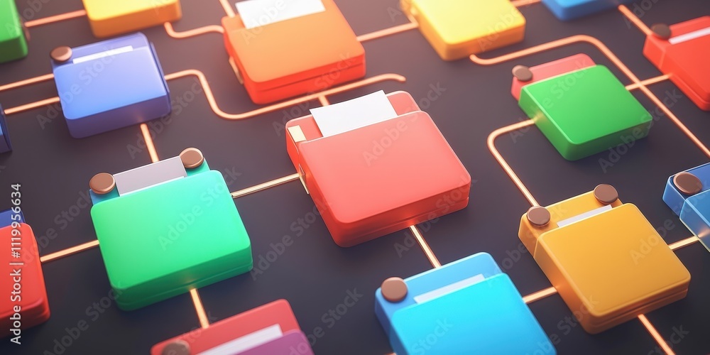 Poster futuristic abstract network grid with colorful files and folders connected by lines representing dat