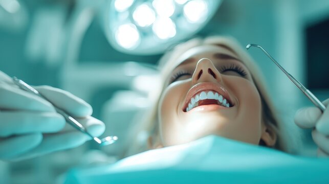 Close-up image portraying a patient receiving dental care in a bright, modern clinic environment, underlining professionalism, care, and advanced dental practices.