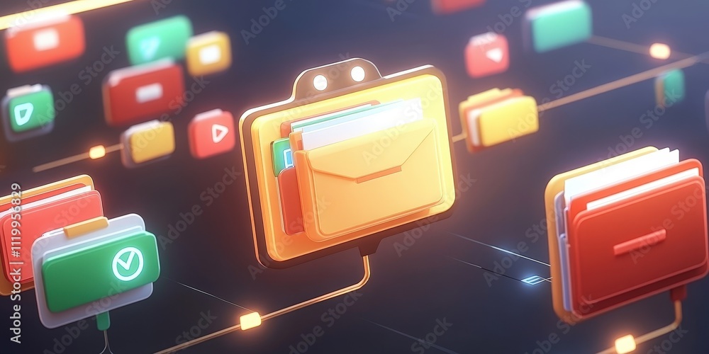 Poster abstract futuristic network grid with files and folders in a digital environment for technological a