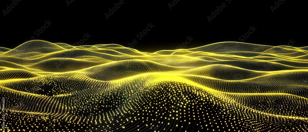 Poster abstract digital landscape with flowing lines and glowing dots on a dark background.