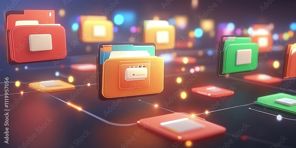 Poster futuristic network of colorful folders and files connected by a grid of light, symbolizing data orga