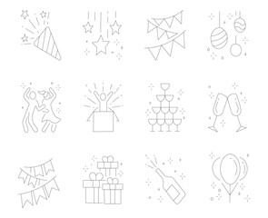 Draw Party line icon set. Included icons as celebrate, celebration, dance, music, congrats, cheers, party, and more.. celebration icon.