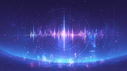 An abstract digital artwork depicts a vibrant waveform resembling a heartbeat in a cosmic setting with musical notes scattered across the lower half.