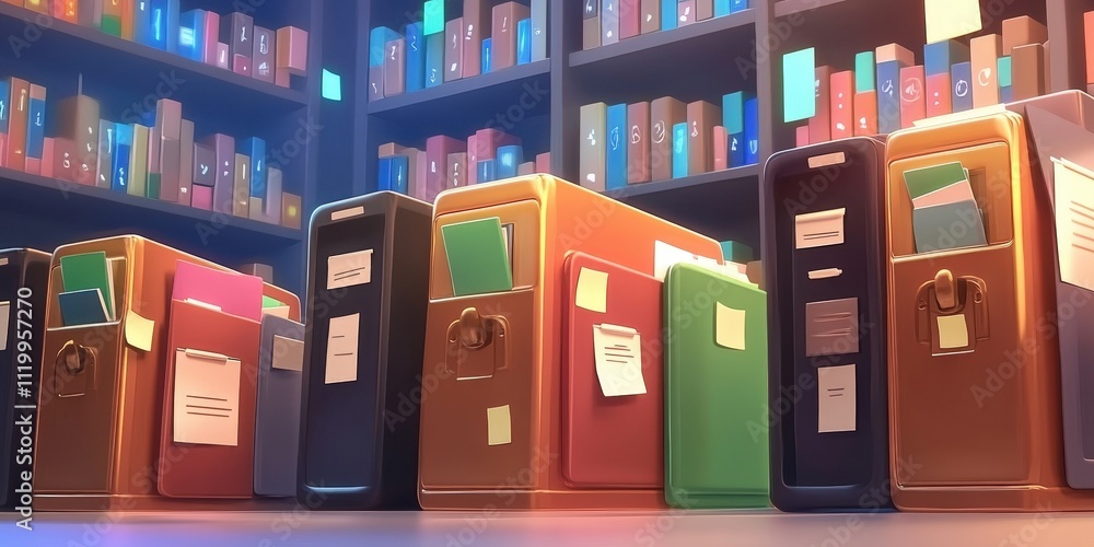 Poster futuristic abstract visualization of network structure featuring colorful files and folders organize