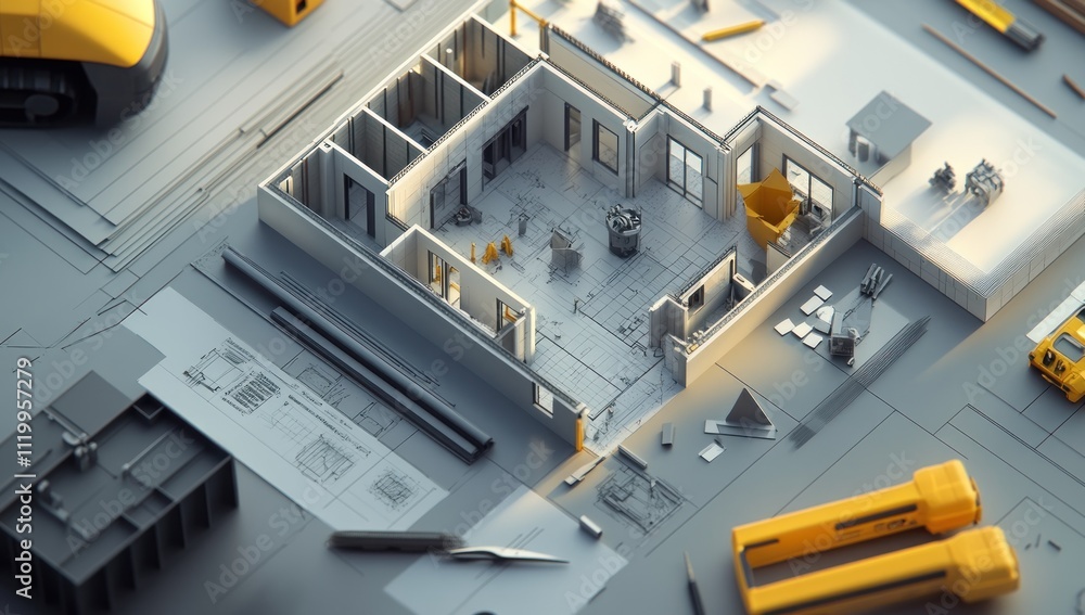 Poster A 3D model of a construction site with tools and a partially built room layout.