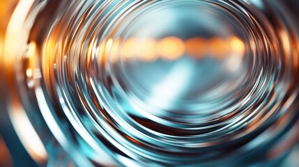 A serene abstract piece depicting concentric metallic rings that harmoniously blend with a soft gradient glow in blue and orange, conveying tranquility and infinity.