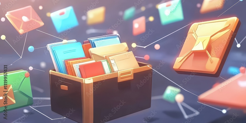 Poster futuristic abstract network grid with files and folders illustrating digital communication and data 