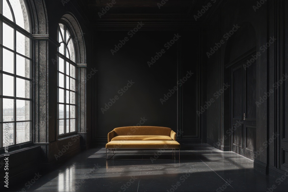 Poster a minimalistic interior featuring a yellow sofa in a dark, elegant room with large windows.