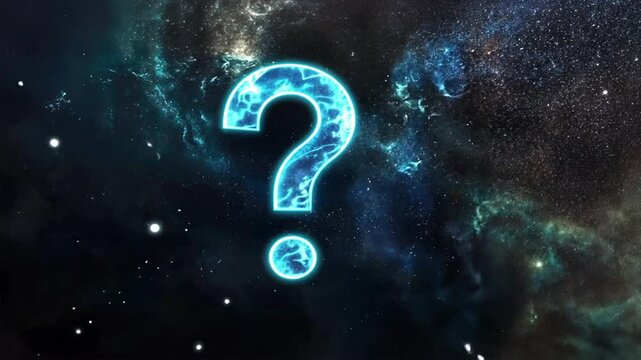 Cosmic question mark glowing in dark space, vibrant blue symbol of curiosity and mystery among stars, inviting exploration of universes wonders.