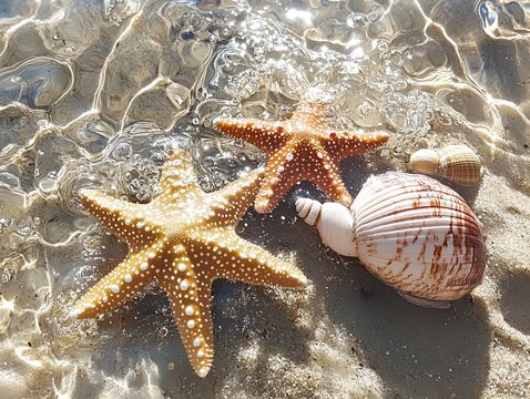 starfish and seashell on the summer beach