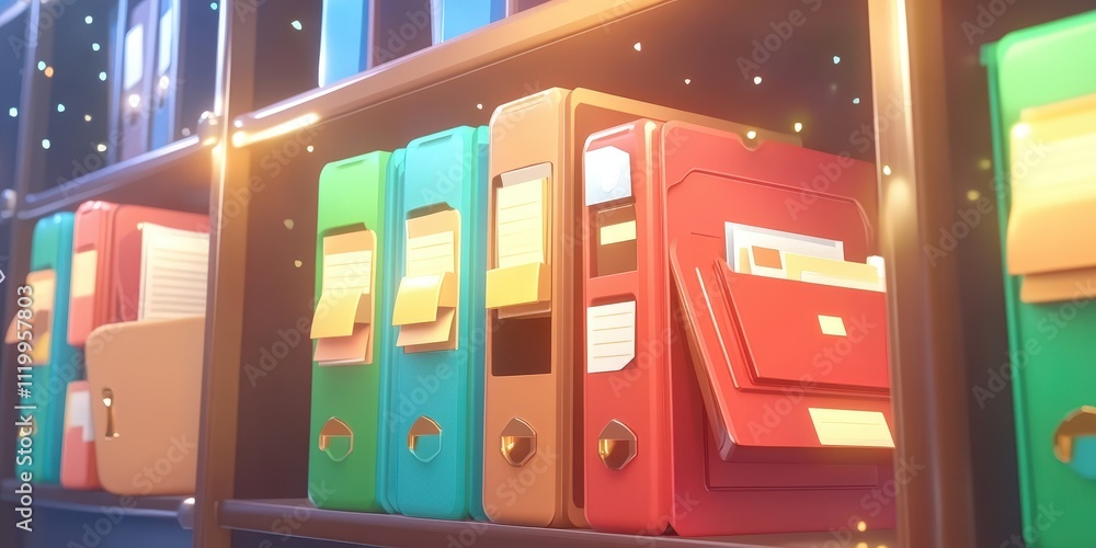 Poster futuristic abstract network grid display with colorful folders and files for digital organization an