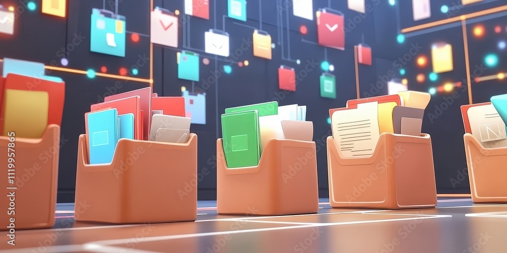 Poster futuristic visualization of abstract data network with files and folders organized in colorful bins 