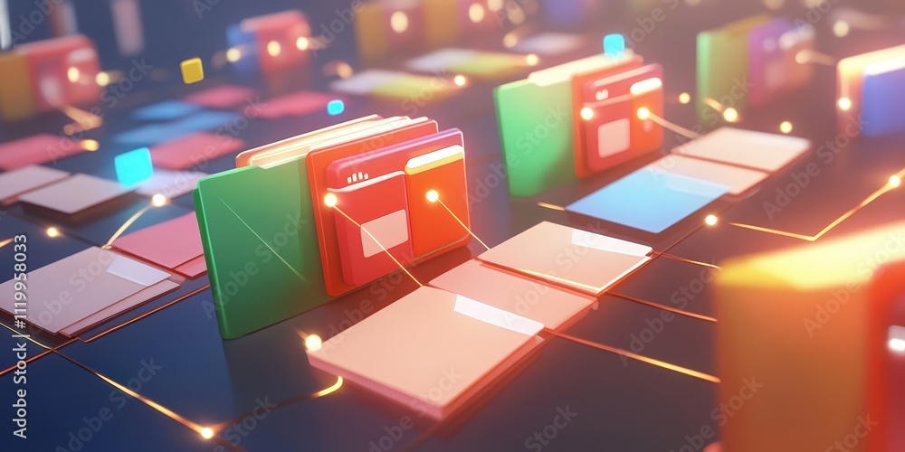 Poster abstract futuristic network of colorful files and folders connected in a digital grid environment wi