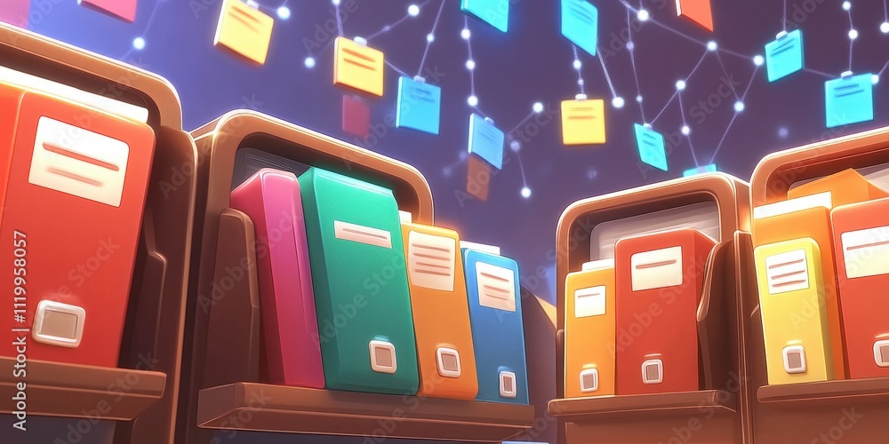 Poster colorful abstract network of files and folders on a futuristic grid background representing digital 