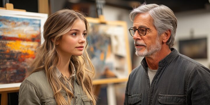 Caucasian young female artist and elderly male mentor discussing paintings in art studio