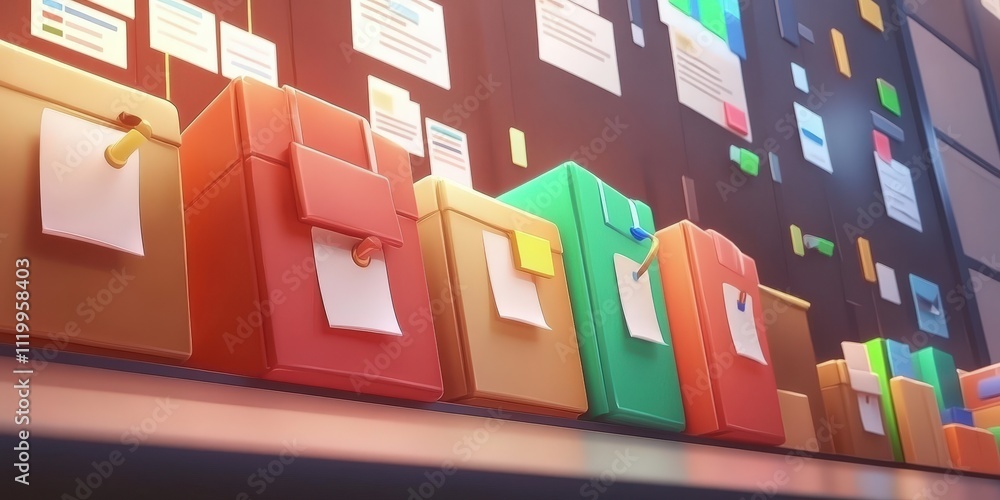 Poster futuristic abstract network of colorful files and folders organized on a grid background with digita