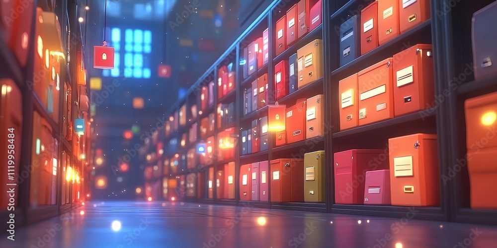 Poster abstract futuristic network grid of files and folders in a digital archive with glowing elements and
