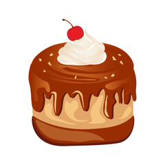 Delicious chocolate cupcake with whipped cream and cherry. Vector cartoon illustration of sweet food.