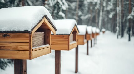 Beehives filled with honeycomb rest under a layer of snow among autumn trees, showcasing a tranquil winter landscape and beekeeping practices