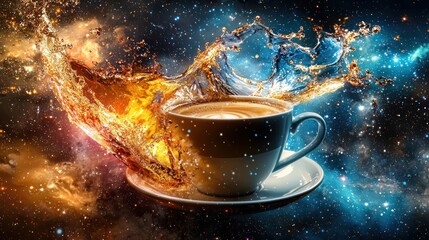 A cup on a saucer with a huge splash of coffee and liquid in zero gravity surrounding them and swirling.