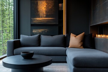 cozy living room, a carefully placed grey corner sofa facing a wall unit filled with art, memories, and a glowing fireplace, creating a cozy retreat