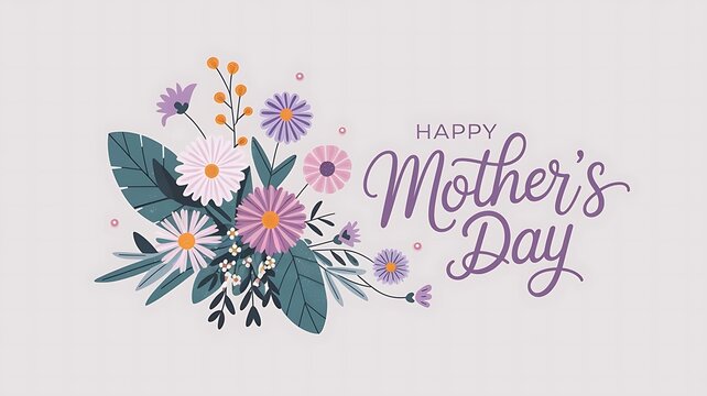 Elegant Mother’s Day Greeting Card with Pastel Flowers, Green Leaves, and Stylish Purple Script on a White Background