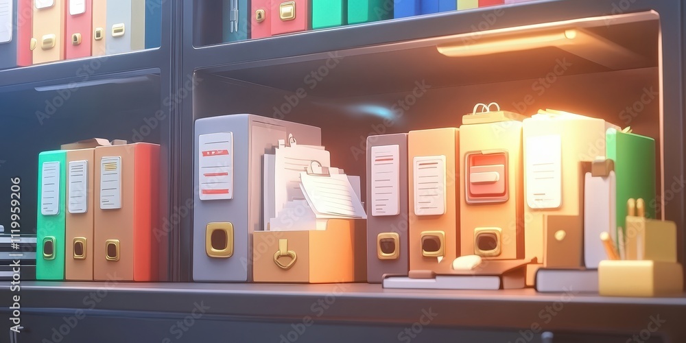 Poster abstract network grid with files and folders in a futuristic setting showcasing organization and dat
