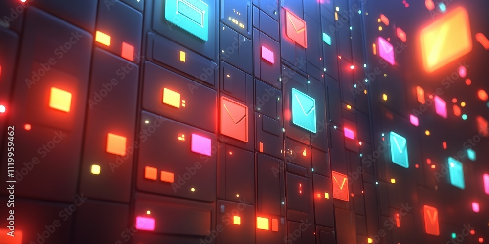 Poster futuristic abstract network grid with bright colorful icons representing digital files and folders i