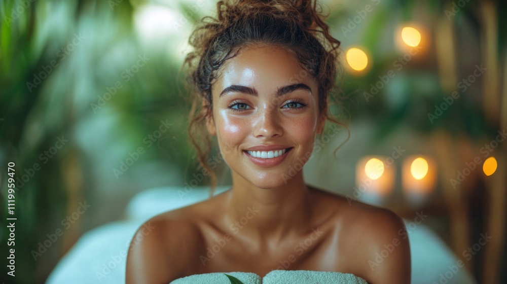 Poster a woman with curly hair displays a radiant smile while wrapped in a towel. the tranquil indoor space