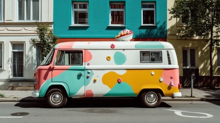 A vintage van adorned with vibrant colors and artistic ice cream motifs, parked on a street, representing creativity and retro charm in urban landscapes.