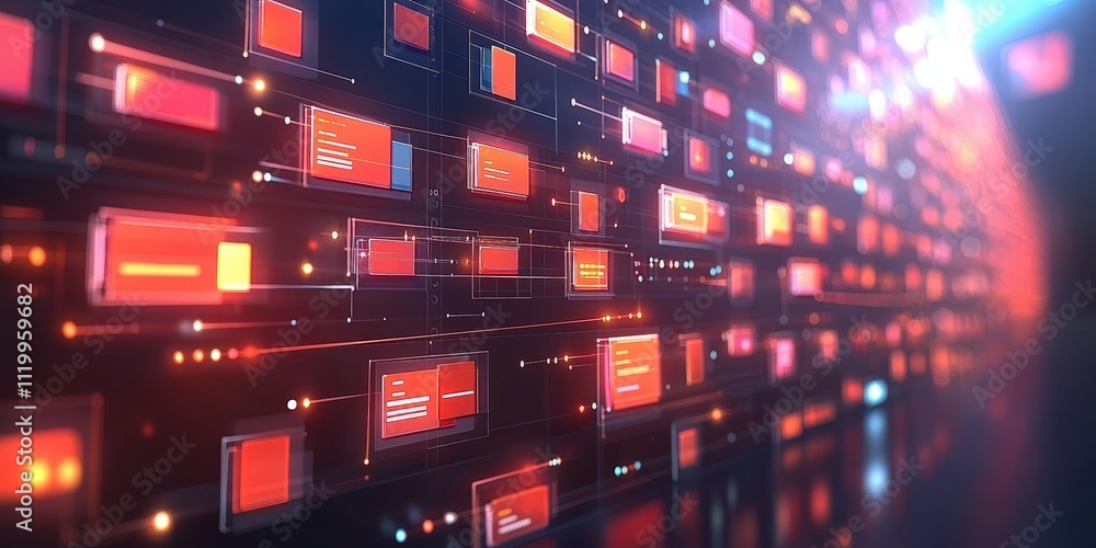Aufkleber futuristic abstract network grid of digital files and folders with brightly colored panels and glowi
