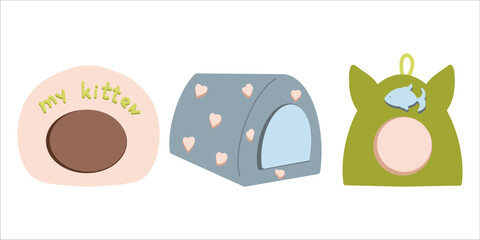 Set of three cat houses. Cozy for sleeping. Interior items for animals. Design for stores with pet products. Home life of a cat.