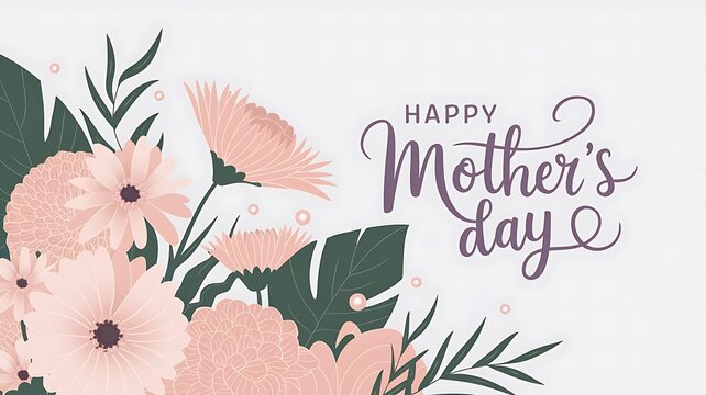 Elegant Mother’s Day Greeting Card with Pastel Flowers, Green Leaves, and Stylish Purple Script on a White Background
