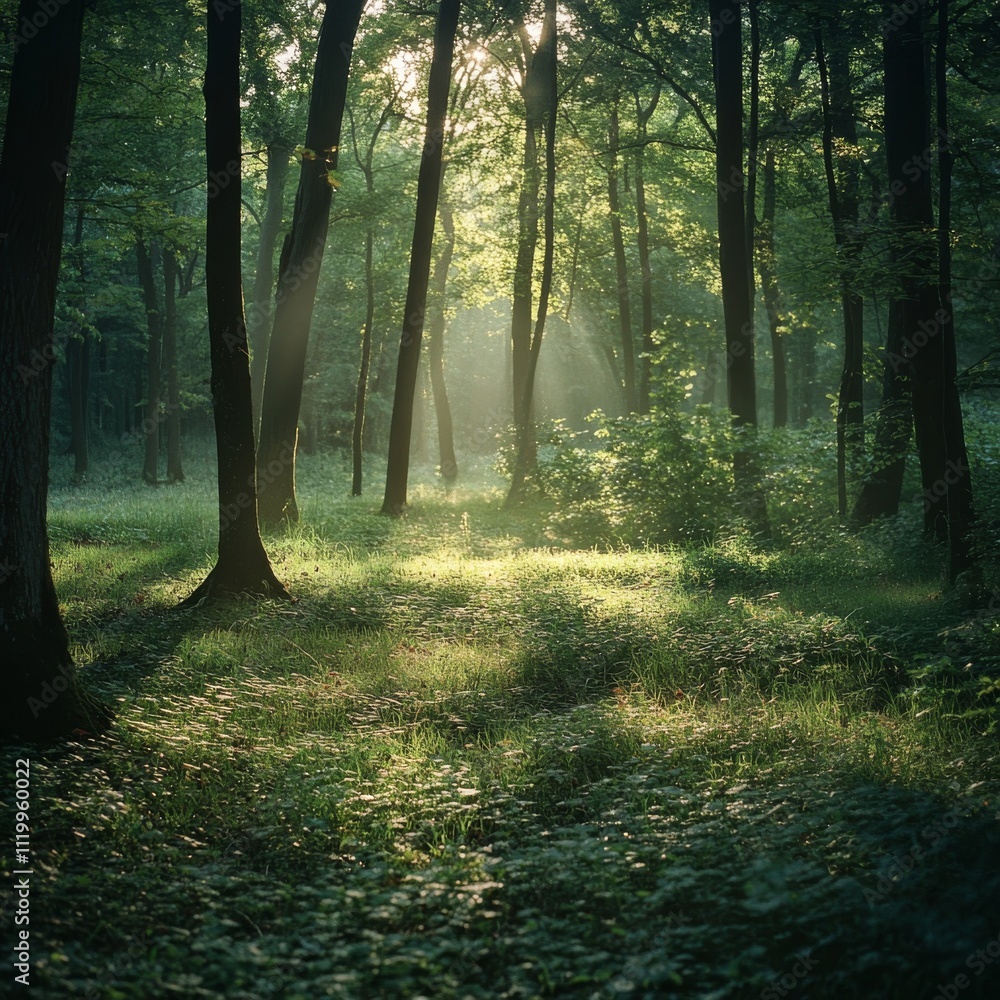 Aufkleber An empty glade in the forest. A clearing with grass and rays of sun between the trees.