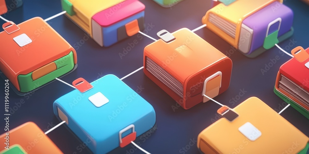 Poster futuristic network grid with colorful files and folders connected in digital abstract art for modern