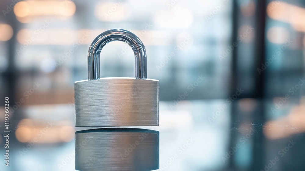 Poster close-up of padlock resting on clean reflective surface with blurred tech-themed backdrop
